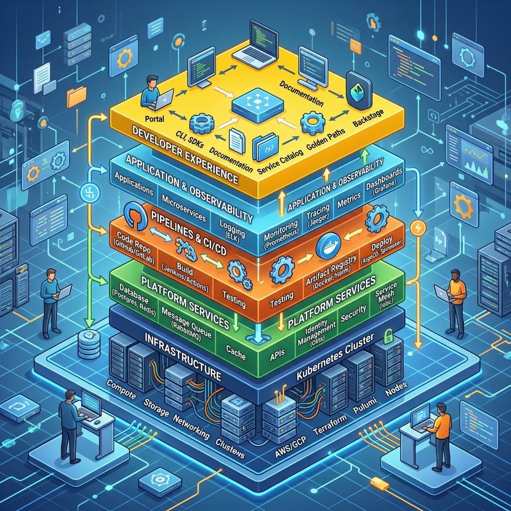Layered cloud infrastructure stack showing developer experience, application observability, pipelines CI/CD, platform services, and Kubernetes cluster