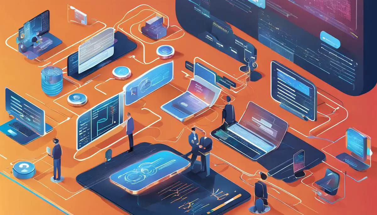 An image illustrating the architecture of AI chatbots, showcasing neural networks, decision-making systems, optimization algorithms, feedback loops, content management system, and resource management.